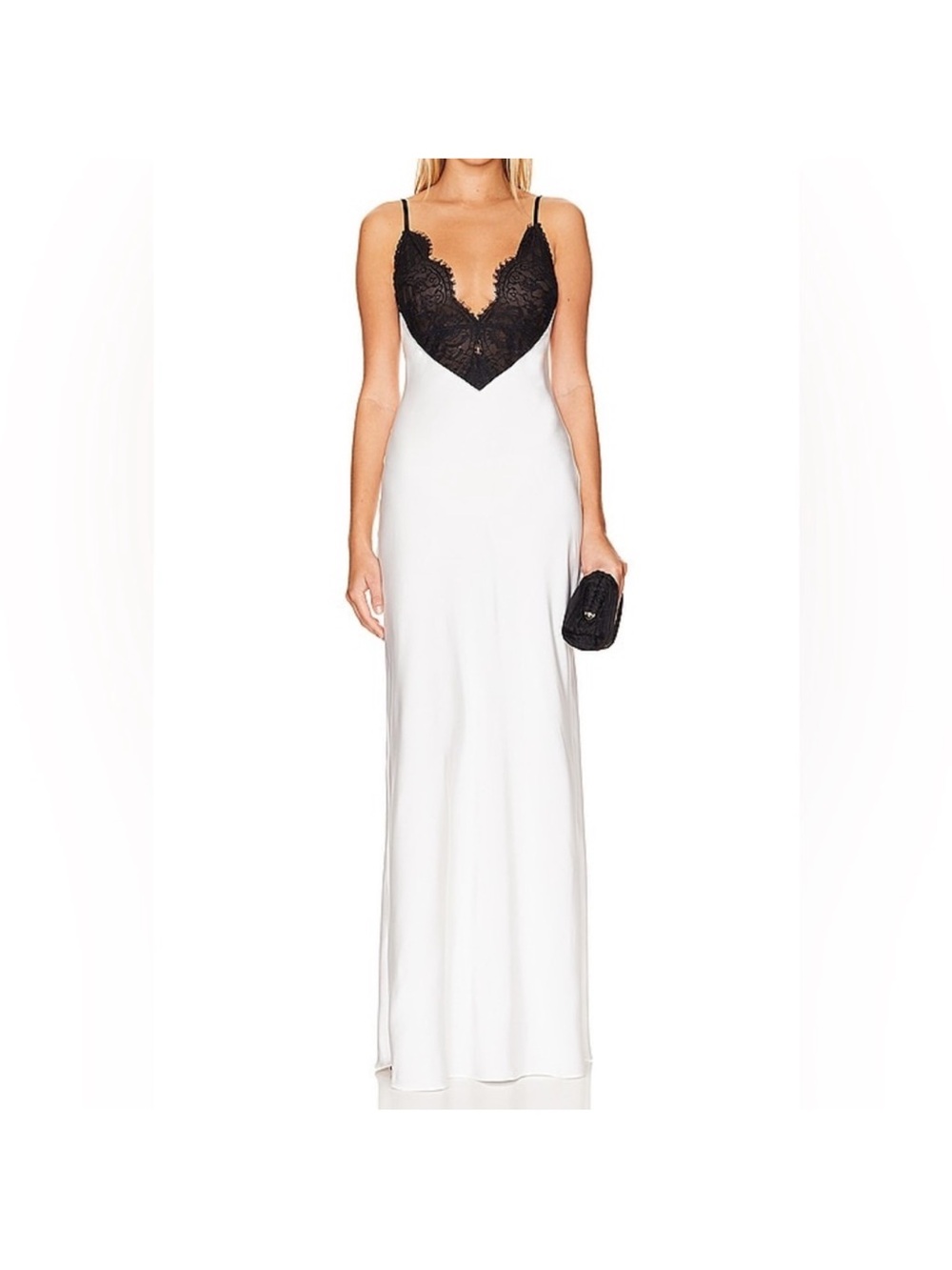 Ronny Kobo Collection White Maxi Slip Malo Dress with Black Lace Bodice